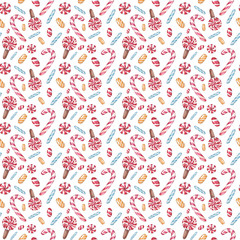 Fototapeta premium Cute festive pattern with watercolor elements for New Year and Christmas with different sweets.