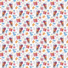 Cute festive pattern with watercolor elements for New Year and Christmas with a mouse, leaves, sweets and stars.