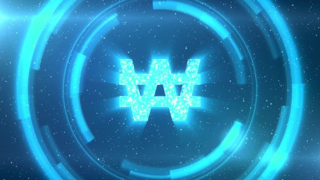 Blue Korean won currency symbol centered on a starscape background with HUD elements. Seamlessly loopable animation.