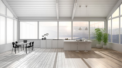 Fototapeta na wymiar Architect interior designer concept: unfinished project that becomes real, minimalist kitchen with island and dining table, parquet, wooden roof and panoramic windows, interior design