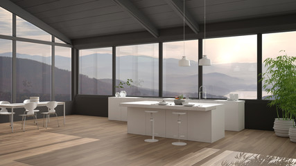 Modern minimalist kitchen with island and dining table with chairs, parquet floor, wooden roof and big panoramic windows with mountain view, sunset sunrise, lake, interior design idea