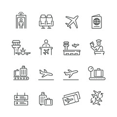 Airport related icons: thin vector icon set, black and white kit