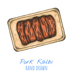 Pork Kalbi Korean dish, hand drawn vector illustration, isolated sketched art.