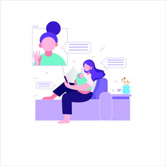 Illustration of a woman with a baby making video calls