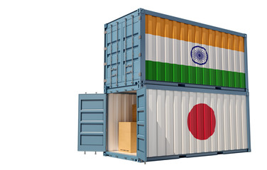 Two freight container with India and Japan flag. Isolated on white - 3D Rendering