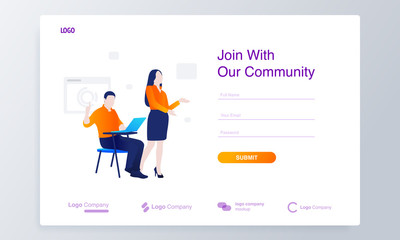 man and woman inviting gesture modern concept illustration with sign up form for website