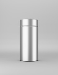 Big metal jar with lid mock up on gray background. Template packaging food, cosmetics, chemistry. 3D rendering