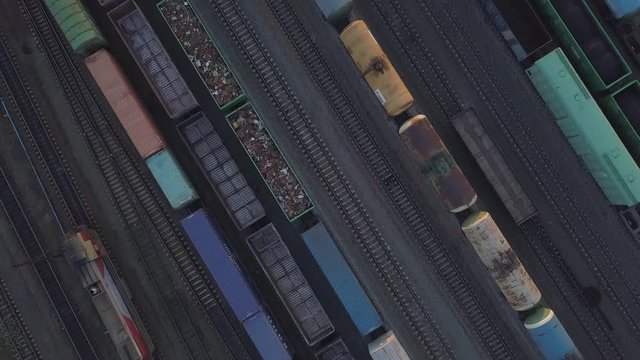 Flying over railroad marshalling yard station.