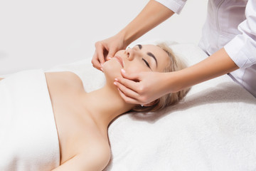 Face massage. Close-up of a young woman receiving spa massage in a beauty and spa salon by beautician. Spa skin and body care. Beauty face care. Cosmetology.