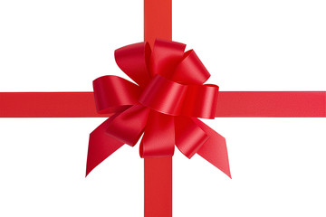 Big beautiful bright red gift holiday bow with lots of petals and red satin ribbon tied with a...