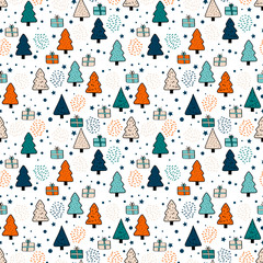 Vector colorful seamless pattern with christmas trees, snowflakes, fireworks and gift boxes	