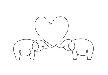 Continuous line elephant with love. Single line vector illustration.