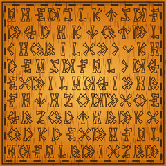 Background with hieroglyphics. Wooden texture. Vector illustration.