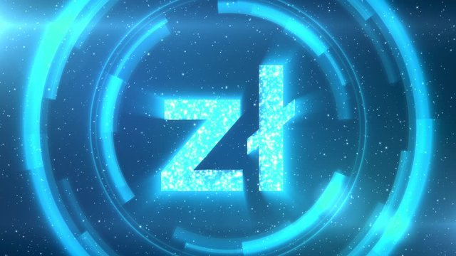 Blue Polish zloty currency symbol centered on a starscape background with HUD elements. Seamlessly loopable animation.
