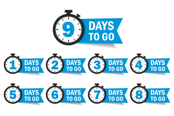Countdown 1, 2, 3, 4, 5, 6, 7, 8, 9, days left label or emblem set. Day left counter icon with clock for sale promotion, promo offer. Flat badge with number of count down time. vector isolated