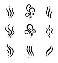 Aromas, smell vaporize icon. Outline symbols smoke, cooking steam odour, fume of flame. Hot aroma odors signs set. Wave of stench isolated. vector abstract illustration