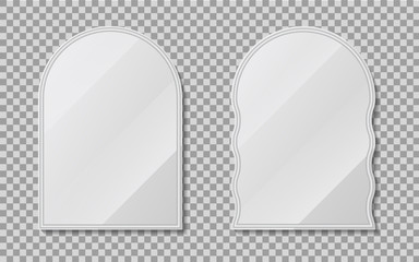 Realistic empty mirrors with reflect in mockup style. Oval mirror with empty surface on isolated background. Set of mirror decor. vector
