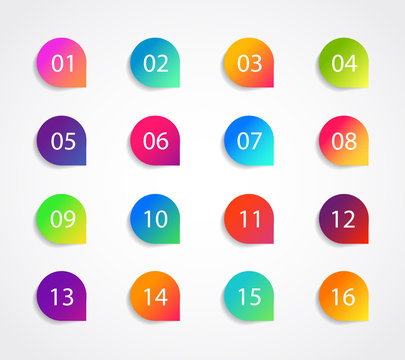Bullet marker icon with number 1, 3, 4, 5, 7, 9, 10, 12 for infographic, presentation. Set of graphic pointer with steps. Sticky point bullet gradient color. Template label info bullet. vector
