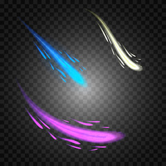 Color vector meteor and comet on transparent plaid background. Fall star in space, asteroid color in galaxy