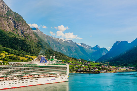 P&O Cruises cruise liner Ventura moored in Olden at the end of Innvikfjorden in western Norway