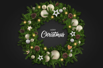 Christmas wreath with greetings on the table