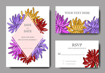 Vector Chrysanthemum floral botanical flower. Black and white engraved ink art. Wedding background card.