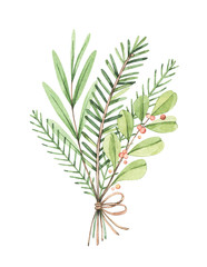 Christmas bouquet with eucalyptus, fir branch and holly - Watercolor illustration. Happy new year. Winter greenery composition. Perfect for cards, invitations, banners, posters etc