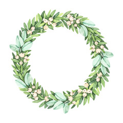 Laurel wreath with greenery branches, mistletoe, eucalyptus - Watercolor illustration. Happy new year and merry christmas. Winter composition. Perfect for cards, wedding invitations, banners, posters
