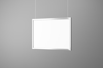 Horizontal Poster Mockup metal hanging rope isolated gray background. 3D rendering