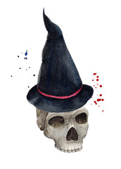 halloween postcard, skull in a black hat, witch on a white background, watercolor illustration, clipart