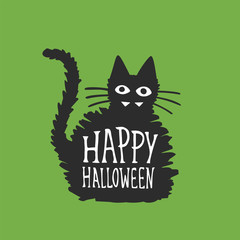 Happy Halloween Card With Cute Black Cat.