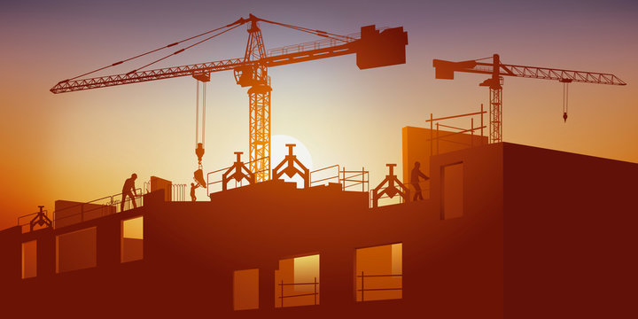Concept du chantier et des métiers du bâtiment avec la construction des murs en béton d’un bâtiment à l’aide de grues.  