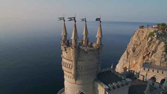 Aerial close up view top of Swallow Nest Castle in Crimea. Morning time without tourists