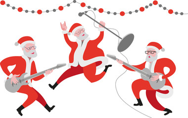 Merry Santa Claus playing guitars and dancing.