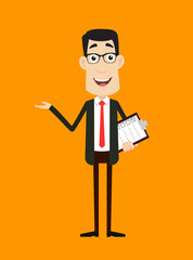 Corporate Business Character - Holding a Checklist and Showing with Hand Gesture