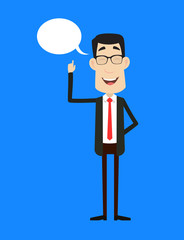 Corporate Business Character - Smiling and Pointing to Speech Bubble