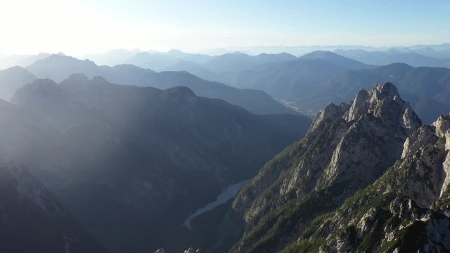 Aerial view ,fly over mountains peak in julian alps,Mangart. camera move backward