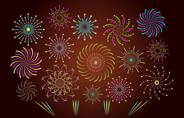 Fireworks or pyrotechnics on dark brown background. Colorful spiral firecracker with sparkles