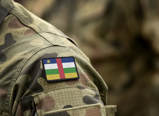 Flag of Central African Republic on military uniform. Army, troops, soldiers, Africa (collage).