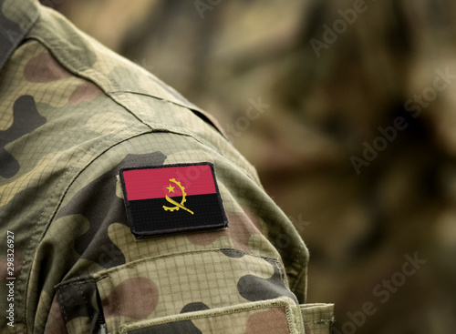 Flag of Angola on military uniform. Army, troops, soldiers, Africa,(collage).