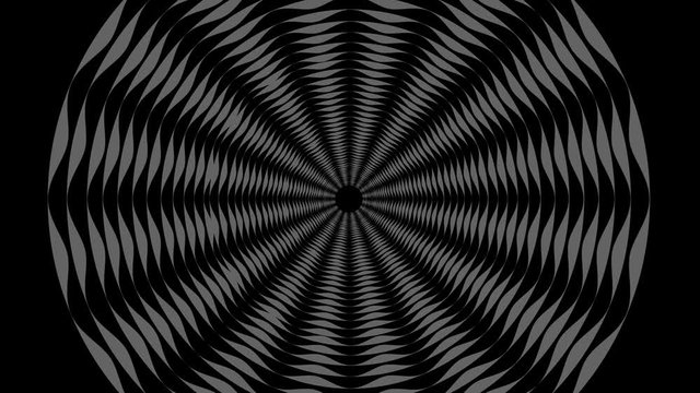 Graphic drawing in black and white with stroboscopic and hypnotic effect, while it rotates clockwise and increases in size, in 16: 9 video format