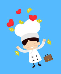 Cute Cartoon Chef - Jumping with Hearts and Money