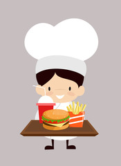 Cute Cartoon Chef - Presenting Fast Foods