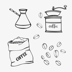 Coffee Set with cup, mill, pot, coffee beans and bag. Colorful sketch. Hand drawn style. Vector illustration on white background.
