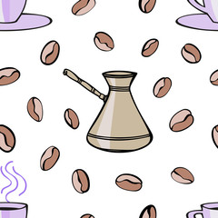 Coffee seamless pattern with coffee beans and accessories in hand drawn sketch style. Colorful vector illustration on white.