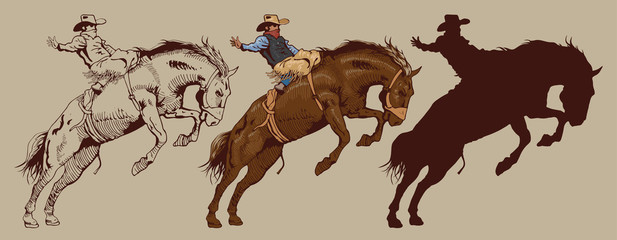 Naklejki  Drukuj kowboj jadący na dzikim koniu mustang zaokrąglając kopiącego konia na rodeo szkic graficzny szkicując grafikę