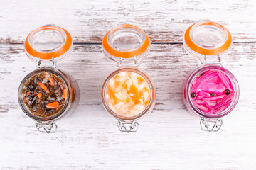 Fermented Preserved Vegetarian Food. Homemade Marinated Cabbage Kimchi, Sea Kale With Carrot,...