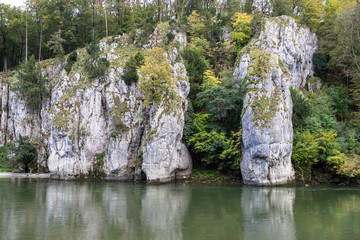 Nature reserve at Danube river breakthrough near Kelheim, Bavaria, Germany in autumn with limestone...