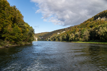 Nature reserve at Danube river breakthrough near Kelheim, Bavaria, Germany in autumn with limestone rock formations and plants with colorful leaves, autumnal impressions