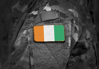 Flag of Ivory Coast or Cote d'Ivoire on military uniform. Army, troops, soldiers, Africa, (collage).